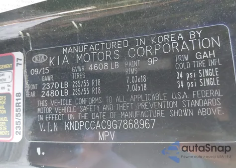 2016 Kia Sportage Ex из США, поврежденный, VIN KNDPCCAC9G7868967